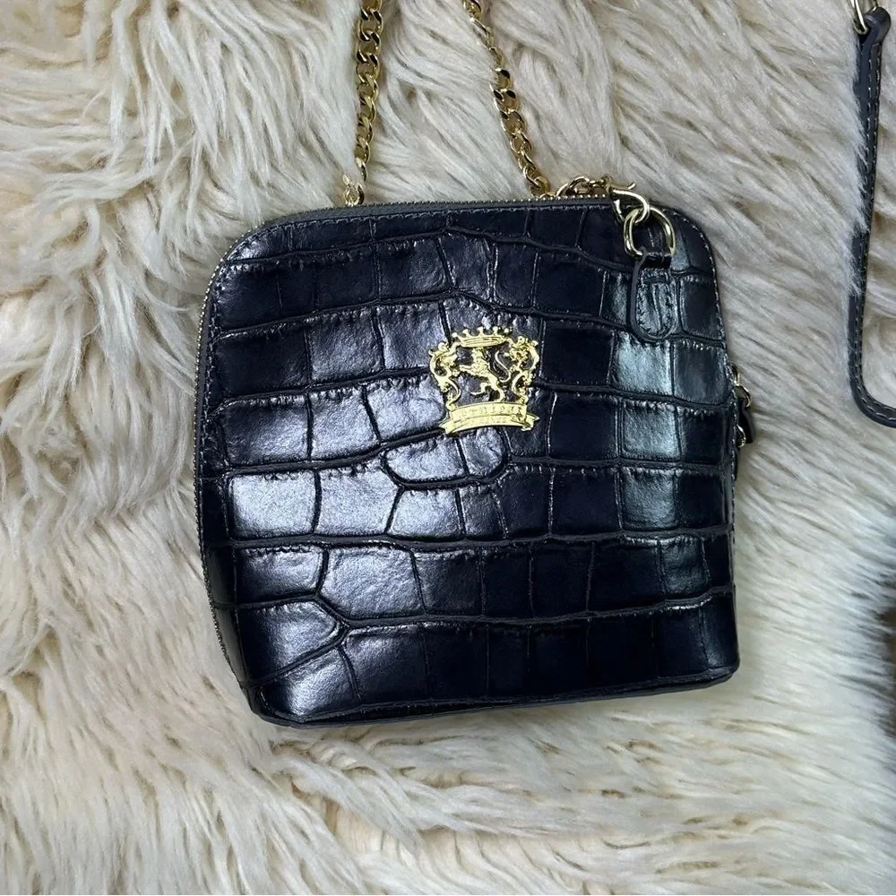 Peruzzi Firenze Black Croc Embossed Leather Crossbody Bag Gold Chain Italy
